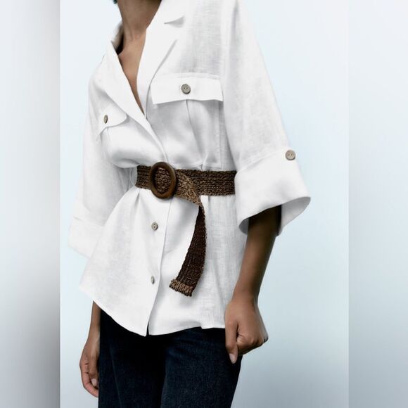 Zara 100% Linen Belted Shirt White New - Picture 5 of 5